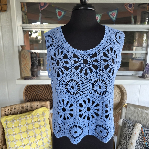 Cupshe Small Blue Crochet Tank Top Vacation Boho Chic Bohemian Sheer Knit - Picture 6 of 11